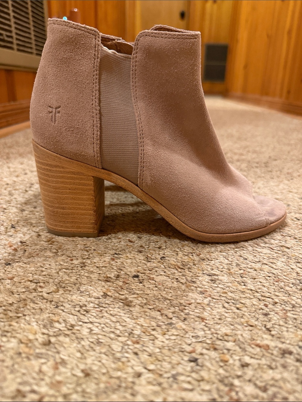 Frye Blush Suede Open-Toe Block Heel Booties